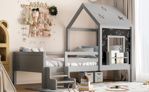 English Elm Full Bunk Bed with Trundle Bookshelf Storage Pine Frame Car Design for Kids Gray W1580S00294