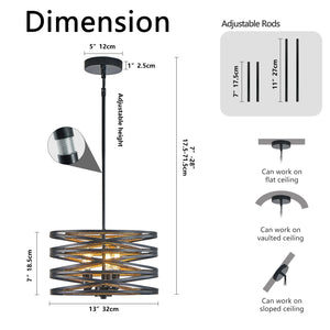 English Elm 13" Rustic Industrial Pendant Light - 3-Light Black & Walnut Metal Cage Chandelier with Wood Accents for Kitchen Island Dining Room Modern Farmhouse W2312P368683