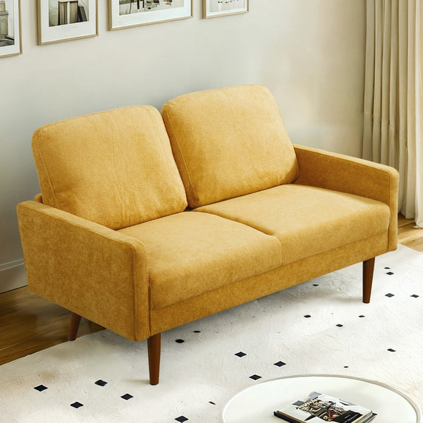English Elm Velvet Upholstered Two Seat Loveseat with Tapered Wood Legs Mid Century European Style Mustard Yellow B2735P291962