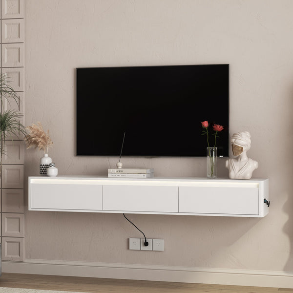 English Elm Floating TV Stand with Touch LED Strip, Built-In Power Hub & Ample Storage for Modern Living Rooms White 74.61 L x 17.52 W x 6.1 H W1321P389543