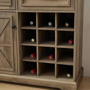 English Elm Farmhouse Wine Cabinet Bar with 12-Bottle Rack, Removable Storage, Glass Holder & Vintage Top Finish Gray Wash W1758P210364