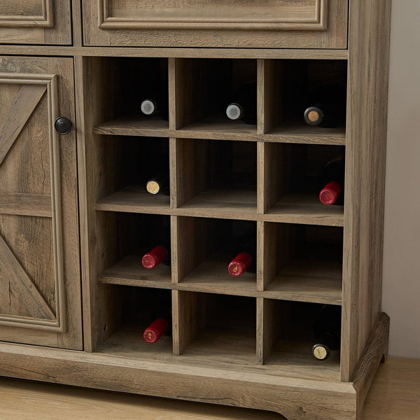 English Elm Farmhouse Wine Cabinet Bar with 12-Bottle Rack, Removable Storage, Glass Holder & Vintage Top Finish Gray Wash W1758P210364