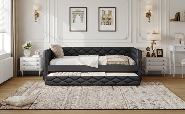 English Elm Full XL Upholstered Daybed with Trundle and Built-In LED Lighting, Tufted Arms, Solid Wood Frame Black N7090000611B