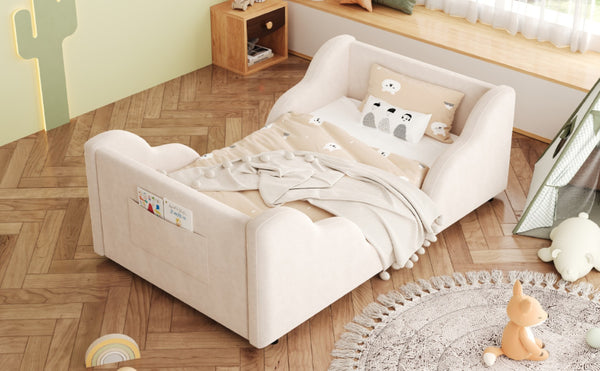 English Elm Toddler Floor Bed Velvet Upholstered Cloud Frame with Safety Rails and Storage Pocket N899P452412A