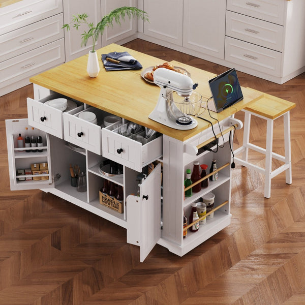 English Elm K&k 53 Inch Rolling Kitchen Island with Drop Leaf Power Outlet and Open Storage Racks White N707S185531W