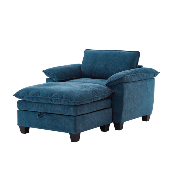 English Elm 51" Oversize Chaise Lounge Chair with Ottoman and Hidden Storage Upholstered in Soft Chenille Comfort Blue W1097S00153