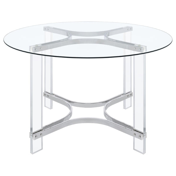 English Elm Uptown Round Glass Top Acrylic 5 Piece Dining Set with Chrome Sled Chair Bases B062S01784