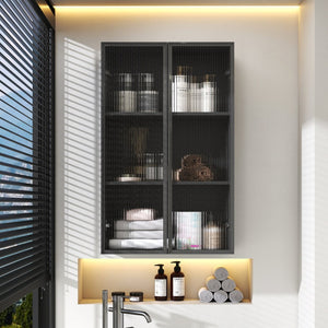 English Elm Wall Mounted Glass Door Cabinet Black Metal Frame Modern Storage for Bath or Kitchen W331P382347