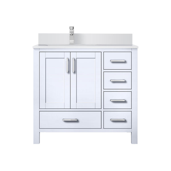 English Elm White 36 in. Bath Vanity with Left Offset White Quartz Top, Faucet Set, Soft-Close Drawers & Storage B2731P259019