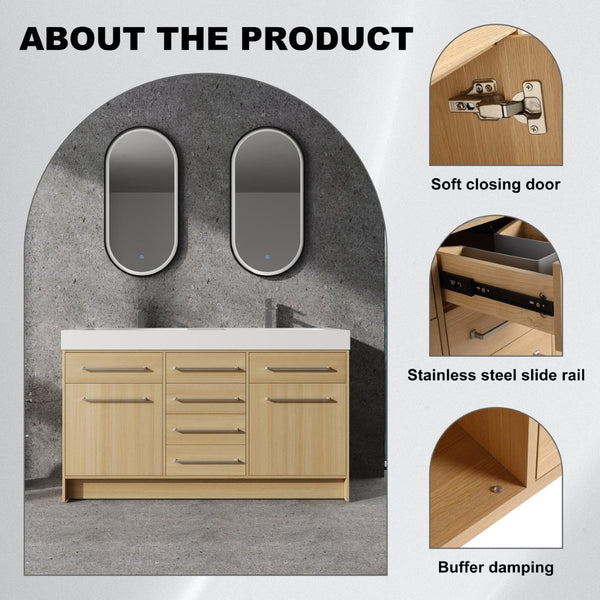 English Elm 60" Freestanding Bathroom Vanity With Double Sink, Soft-Close Doors & Drawers In Original Oak Finish P1 W1972P315232-GIGA