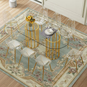 English Elm Table and Chair Set Oval Glass Top Gold Column Base with Ghost Acrylic Seating for 8 W1151S04731