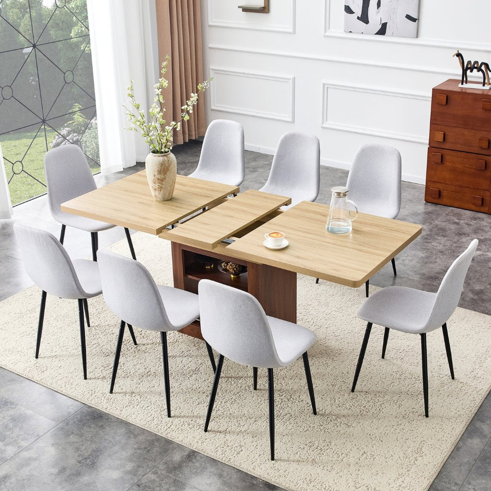 English Elm Scalable Eight Piece Extendable Dining Set with Wood Grain Table and Linen Chairs W1151S04677