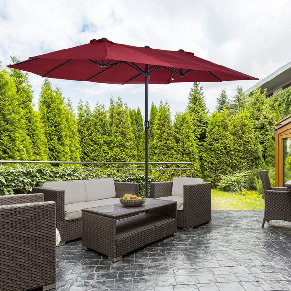 English Elm Outsunny Extra Large 15Ft Double-Sided Patio Umbrella With Crank, Wine Red Canopy For Stylish Coverage W2225P200608-GIGA