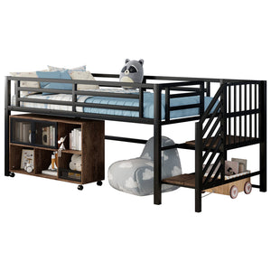 English Elm Twin Metal Loft Bed with Stairs and Six Storage Cubbies, Sturdy Metal Slat Support, Safe Low Design for Kids Black 75.2 L x 17.72 W x 9.45 H W2593P305749