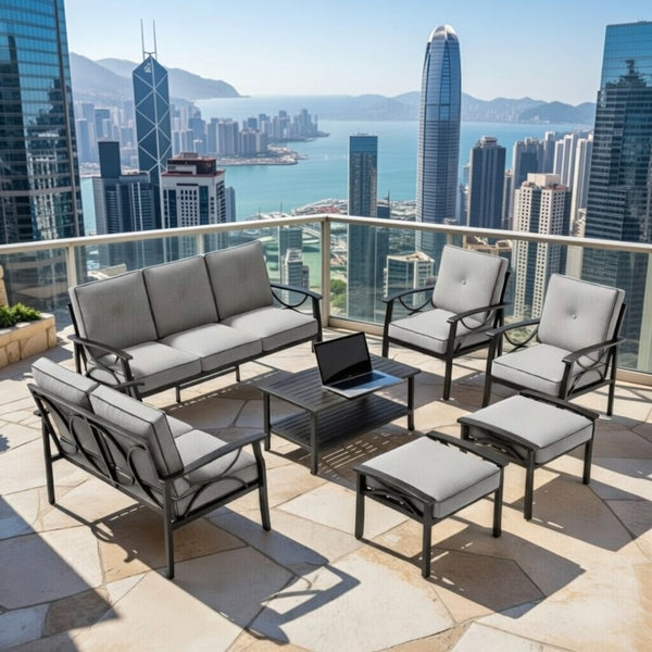 English Elm 8-piece Outdoor Conversation Set 9 Seat Steel Patio Sofa with Thick Cushions Tables Grey+Black B082S00130