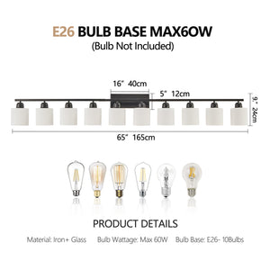 English Elm 10 Matte Black 10-Light Vanity Fixture 65.4" Over Mirror with White Glass Shades, Modern Wall Lighting W2312P374850