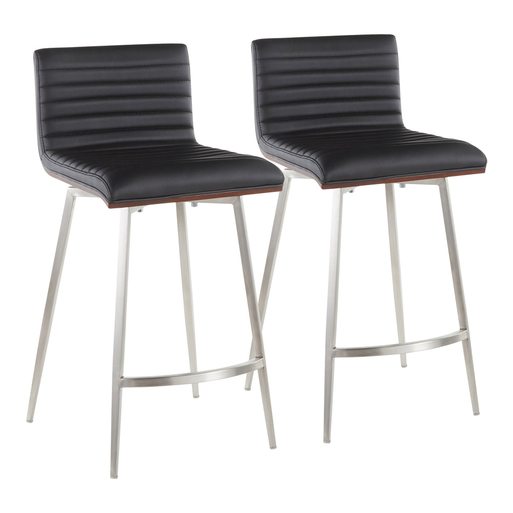 English Elm Mason Contemporary Swivel Counter Stool Set of 2 — Tufted Black Faux Leather, Walnut Back, Stainless Base B202P222086