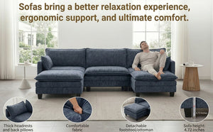 English Elm Modern Chenille Three Seat Sofa with Ottoman Usb Charging Ports and Storage Pockets Blue W2519S00004