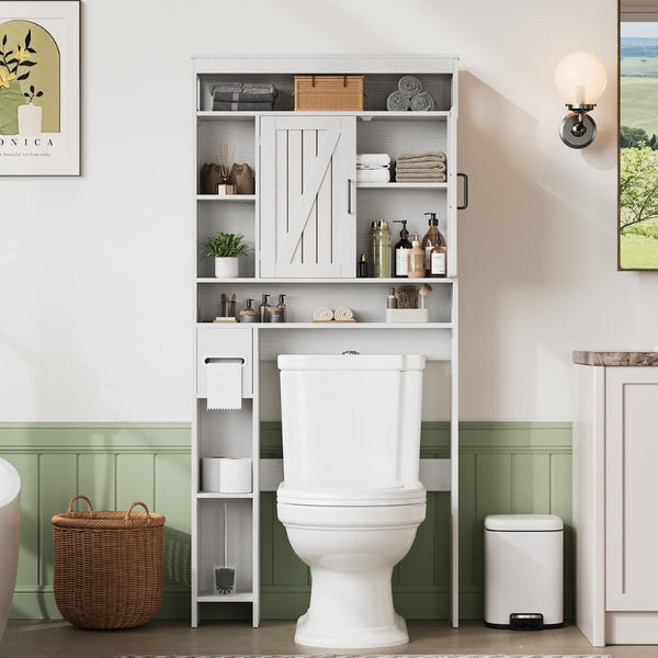 English Elm Vividwood Farmhouse Bathroom Tower Cabinet Sliding Barn Doors Six Shelves White T5618P505967