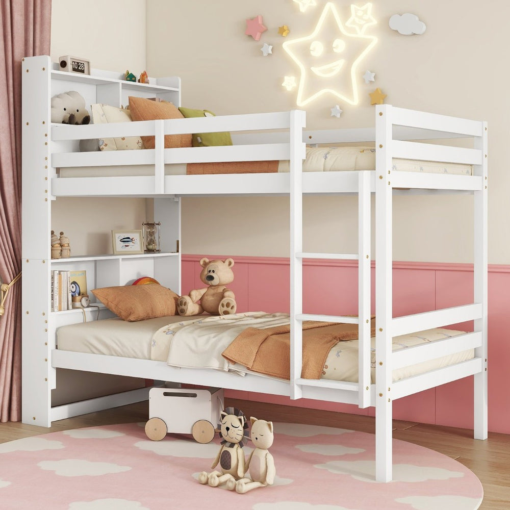 English Elm Twin Over Twin Bunk Bed With Integrated Shelves, Safety Guardrails & Convertible Design, White Finish W504S00214-GIGA