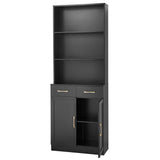 English Elm Bathroom Storage Cabinet, Cabinet With Two Doors and Drawers, Adjustable Shelf, Three-Layer Open Shelf, Mdf Board, Black