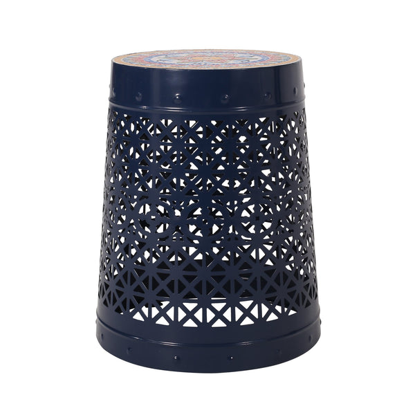 English Elm Christopher Knight Home® - CRANBROOK Side Table with Lace-Cut Powder-Coated Metal Frame and Tile Mosaic Top for Patio Elegance Dark Blue 70510.00DBLU