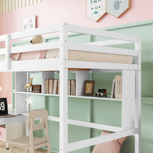 English Elm Twin Loft Bed with Built-In Desk and Bookcase, Pine Frame, Safety Guardrail, Ladder for Study Space White W504P181854