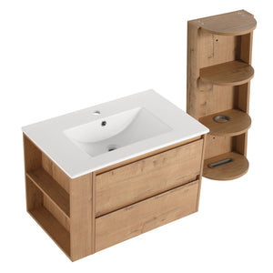 English Elm 30" Wall-Mounted Bathroom Vanity With Ceramic Sink, 2 Soft-Close Drawers & Space-Saving Rack W999S00343