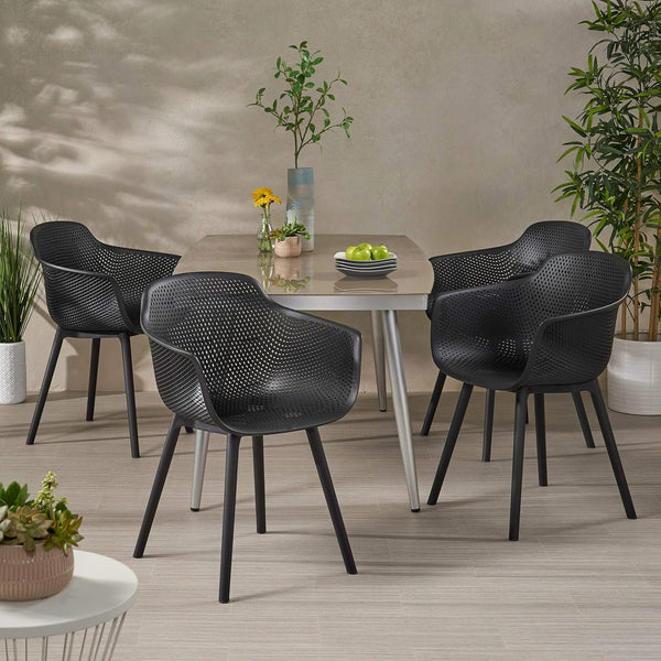 English Elm Christopher Knight Home® - LOTUS Outdoor Dining Chairs Set of 4 – Weather-Resistant Polypropylene with Diamond Pattern Comfort and Durability Black 26.75 L x 26.5 W x 24 H N776P243064B
