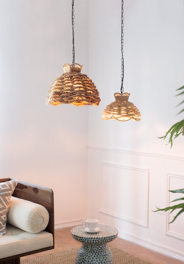 English Elm S/2 Rope Woven Chandelier Set — Hemp Rope over Iron Frame, Rustic Industrial Pendant Lighting, Pair W2078P395542