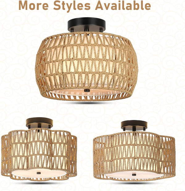 English Elm Boho Ceiling Light Fixture - Rattan & Fabric Semi Flush Mount For Cozy Farmhouse & Modern Spaces W2738P185410