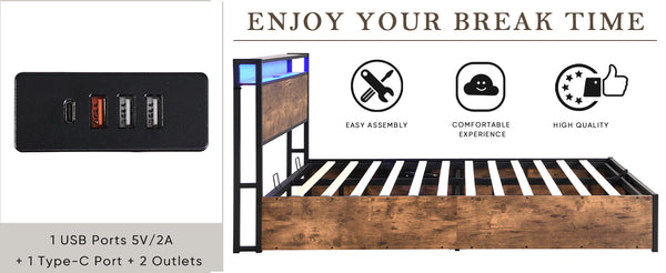 English Elm Lift-Up Storage Bed Frame: Full-Sized Platform Bed With Led Lights, Charging Station & Rustic Brown Finish W1916P184709