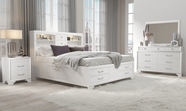 English Elm CIVIC White 5PC Bedroom Set with Solid Wood+MDF Construction, Slatted Base & Felt-Lined Storage Drawers Queen B201S00250