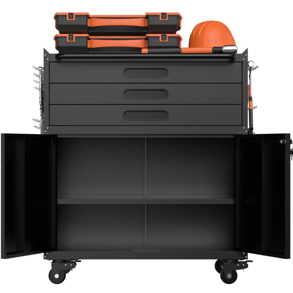 English Elm 34.3" Rolling Steel Tool Cabinet with 3 Drawers Lockable Doors and Pegboard Side Panels T2398P442672