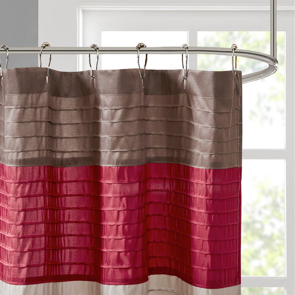 JLA Home Madison Park - Faux Silk Dupioni Shower Curtain with Pintuck Color‑Block Panels, Lightweight Hotel-Quality Elegance Red MP70-221