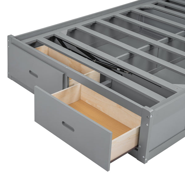 English Elm Wood Full Size Hydraulic Platform Bed with LED Headboard, Charging Station, Hidden Storage Drawers and Shelves Gray GX000371AAE