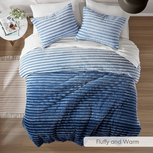 JLA Home Intelligent Design - Fluffy Ribbed Plush Comforter Set with 300gsm Cozy Loft, Oeko-Tex Certified, Ready-to-Use Luxury Bedding Blue Ombre AM10-0383