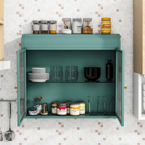 English Elm Army Green Wall-Mounted Metal Storage Cabinet With Elegant Glass Doors For Any Room Décor W3122P272930