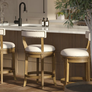 English Elm 26" Counter Height Swivel Barstool Woven Linen Seat Nailhead Trim Solid Wood Frame Pecan B2751P436452