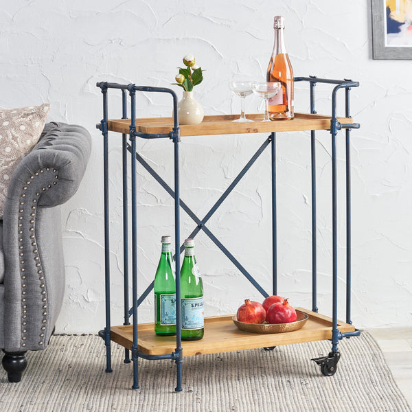 English Elm Christopher Knight Home® - EDEN Rustic Blue-Brown Plummers Bar Cart with Firwood Shelves & Iron Frame, Mobile 2-Tier Serve 56503.00