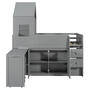 English Elm Twin House Loft Bed with Pull Out Rolling Desk Stair Drawers and Cabinet Storage Gray N820S00072E