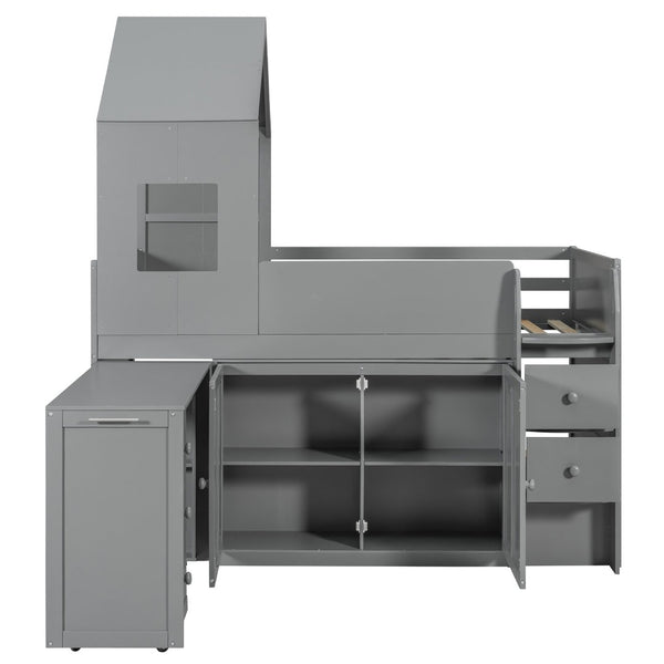 English Elm Twin House Loft Bed with Pull Out Rolling Desk Stair Drawers and Cabinet Storage Gray N820S00072E