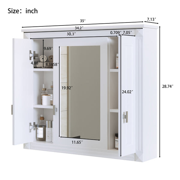 English Elm Bathroom Wall Cabinet with Mirror and 5 Shelves — Wall-Mounted Medicine Cabinet, Modern Storage Solution White N710P252503K