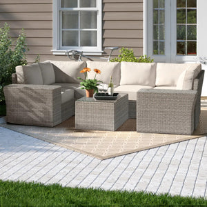 English Elm 4-Person All-Weather Wicker Seating Set – Modular Comfort With Cushions, Tables & No Assembly Needed! B120S00211