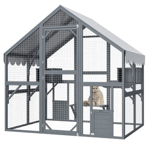 English Elm Extra Large Walk-in Outdoor Cat Enclosure with Oxford Roof Ramps and Dual Resting Huts W1422S00046