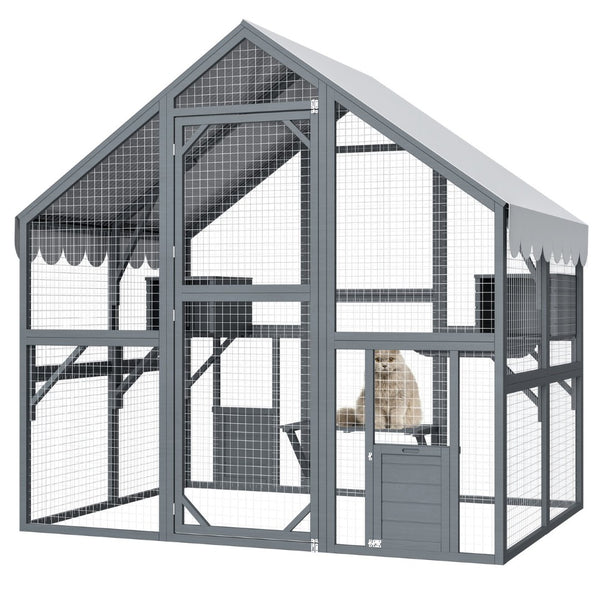 English Elm Extra Large Walk-in Outdoor Cat Enclosure with Oxford Roof Ramps and Dual Resting Huts W1422S00046