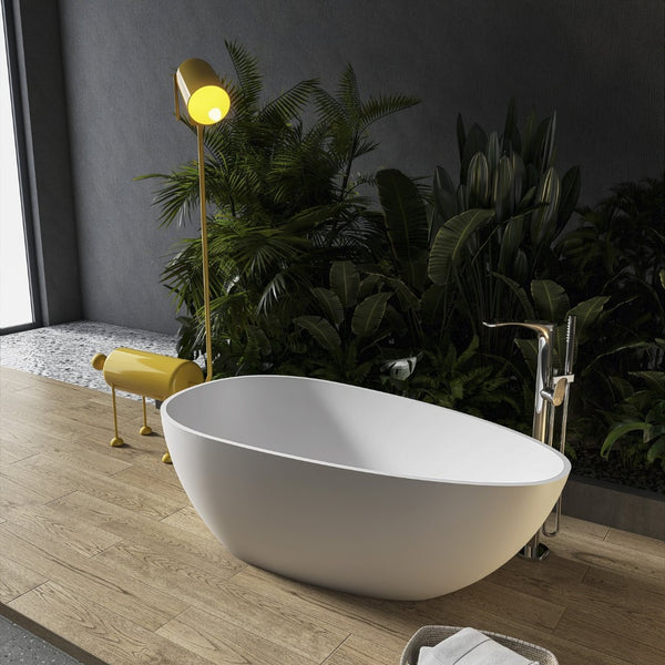 English Elm 59 Inch Stone Resin Freestanding Egg Bathtub Matte White Spa Soaking Centerpiece W161370618