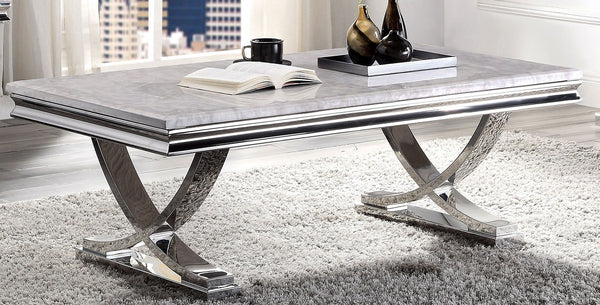 English Elm Modern Glam Coffee Table with 18mm Faux Marble Top, Beveled Edges and Curved Pedestal Metal Base Chrome 31 L x 55 W x 4 H B2741S00430