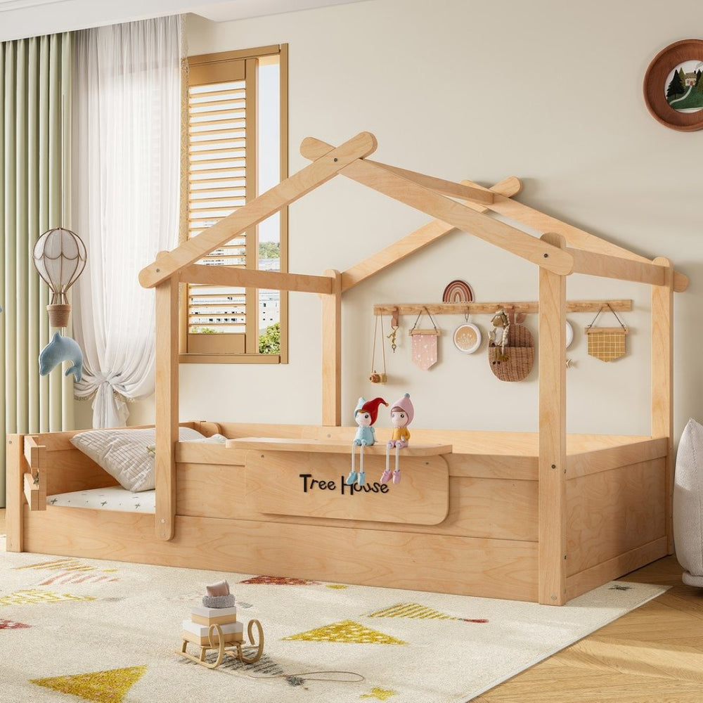 English Elm Twin Low Loft Bed Solid Pine Frame with Built-in Led Lighting and Storage Shelves Natural W1580P396331