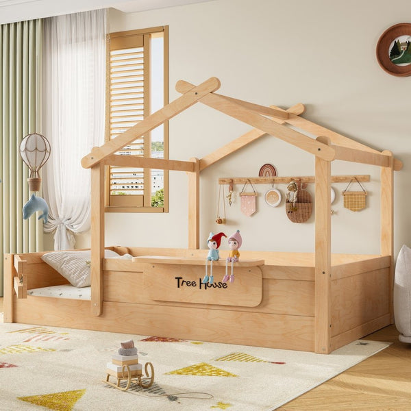 English Elm Twin Low Loft Bed Solid Pine Frame with Built-in Led Lighting and Storage Shelves Natural W1580P396331